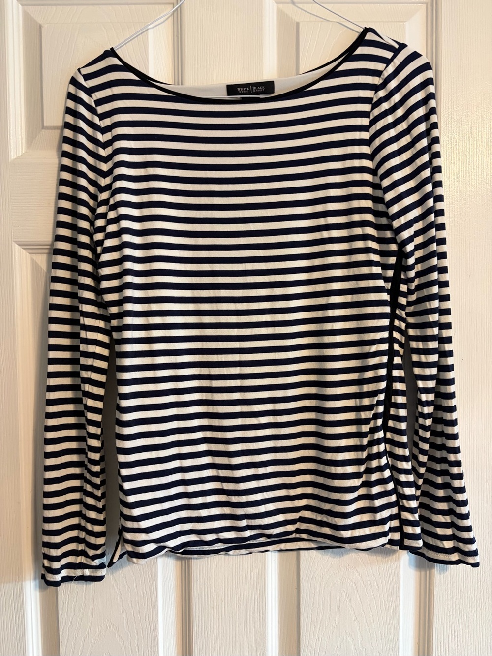 White House Black Market Striped Boat Neck Top Size M Black Piping Trim